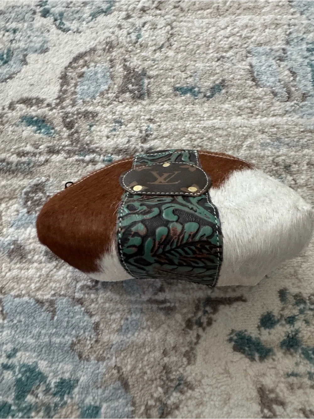 Western Cowhide Leather Cosmetic Makeup Bag Pouch Brown White Tooled Accent
